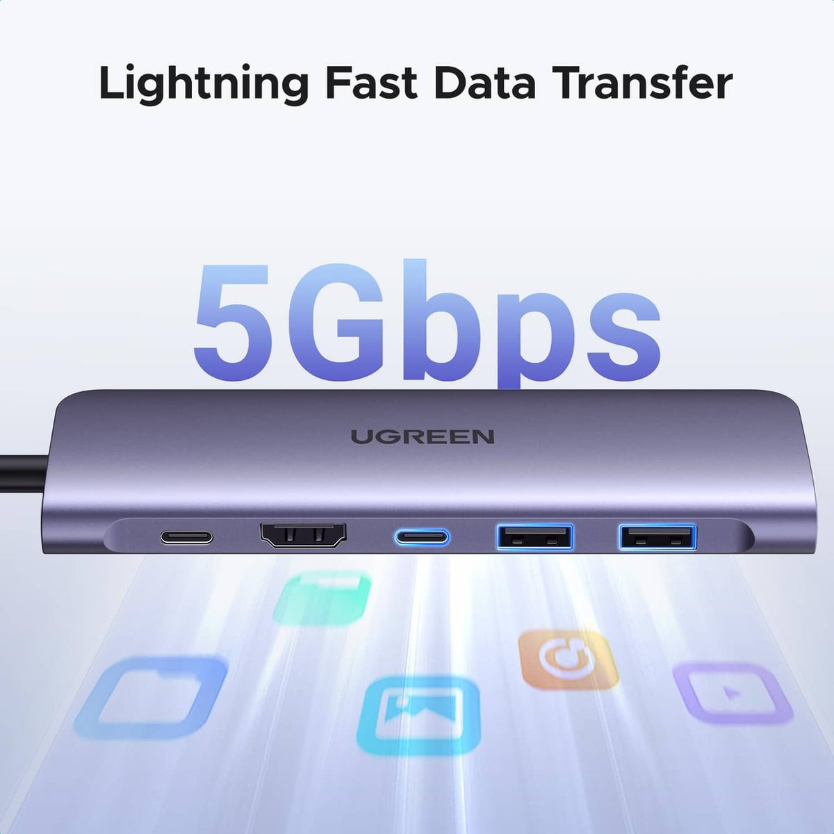 Space gray USB-C hub front ports: USB-A, USB-C, HDMI, and PD charging port