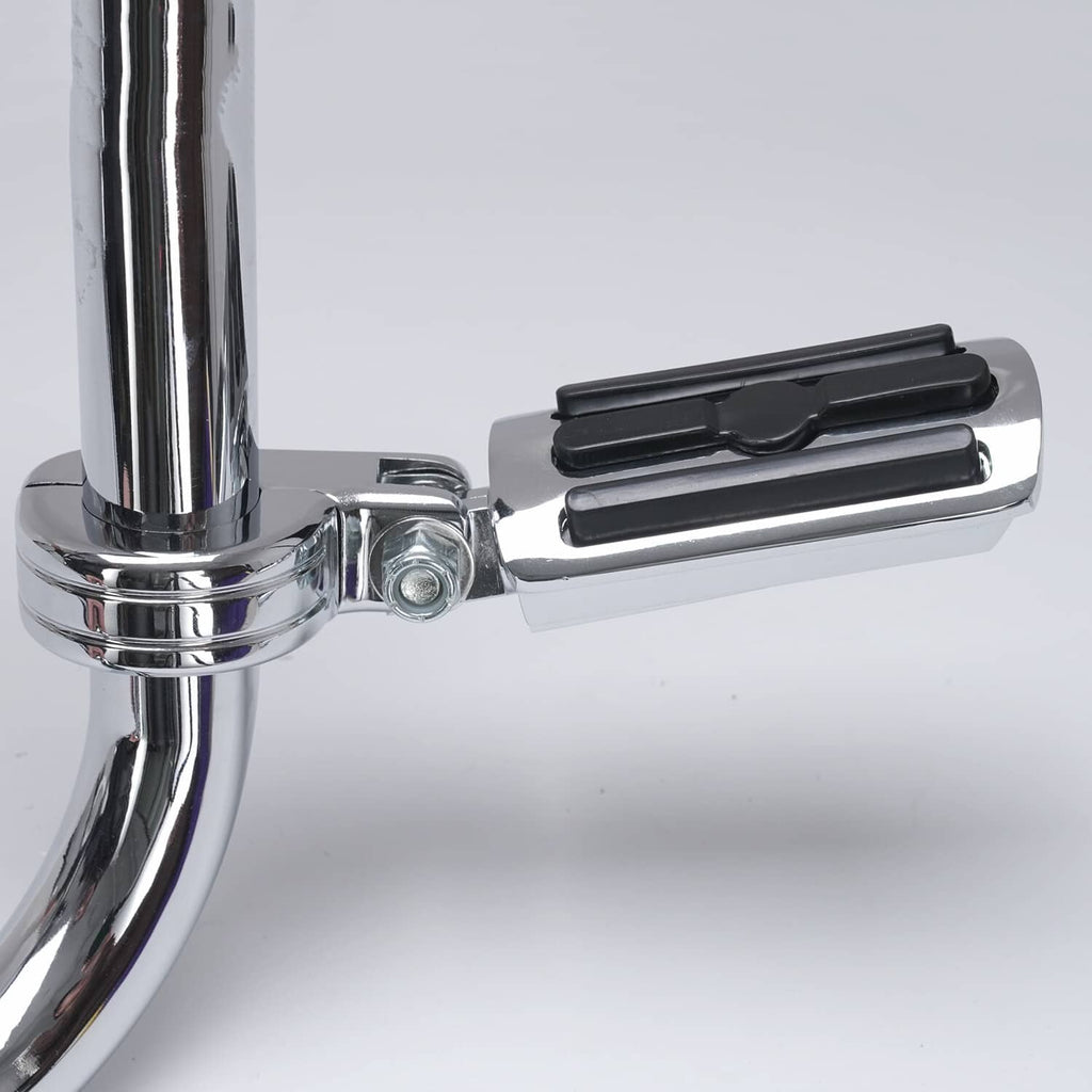 Chrome highway foot peg with black rubber grip insert and clamp mount connection