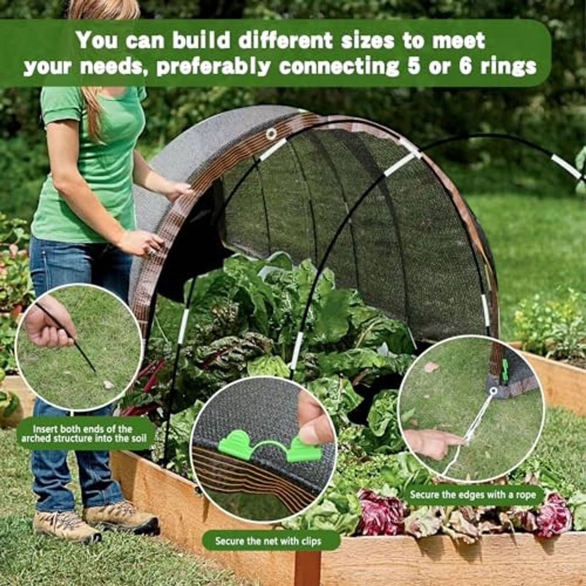 Grey greenhouse hoop shade cloth tunnel with hoops and green clips secured on a raised bed
