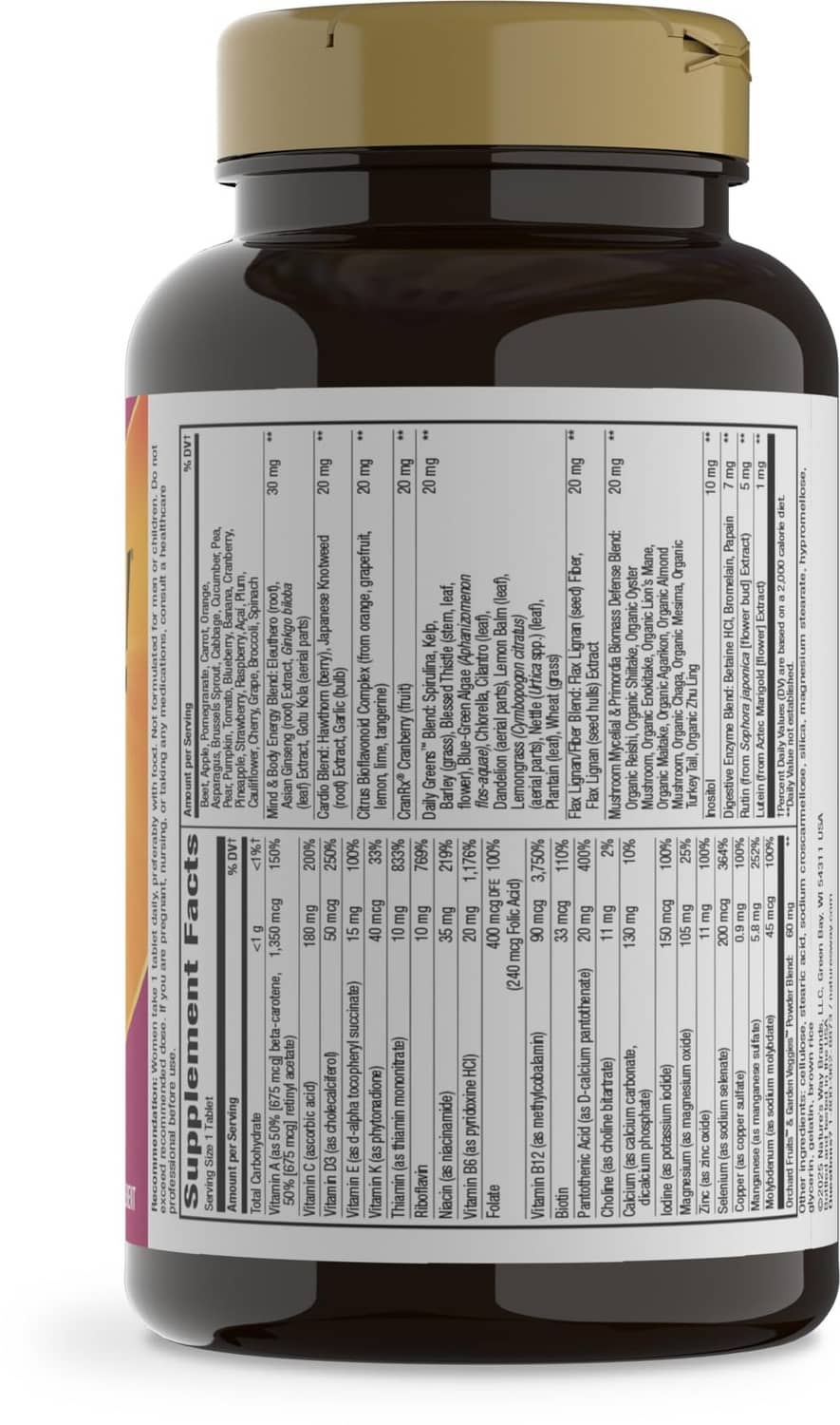 Back label on a multivitamin bottle with supplement facts table and directions.