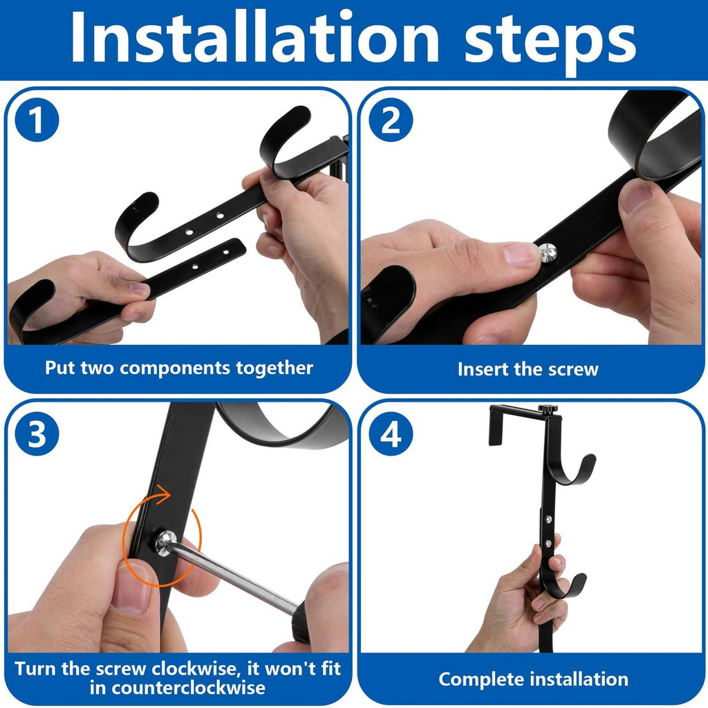 Black pool fence hook with screw and bracket for installation steps