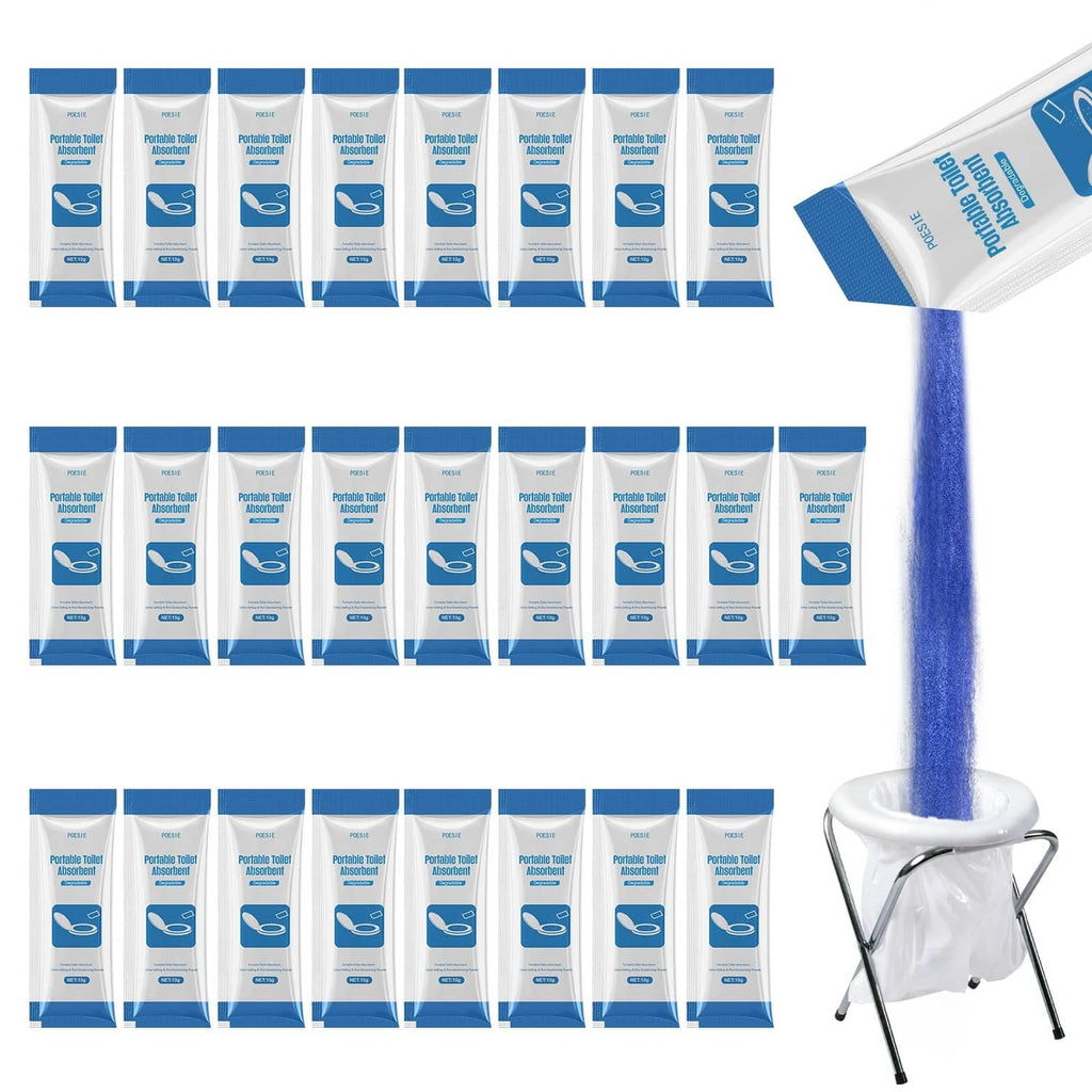 Pack of portable waste gel sachets with blue gel pouring into a basin