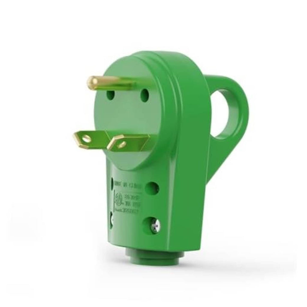 Green NEMA TT-30P RV replacement plug with two flat prongs and grounding pin