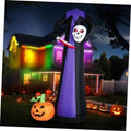 10ft inflatable headless Halloween yard decor with white skull face, purple robe, red scythe