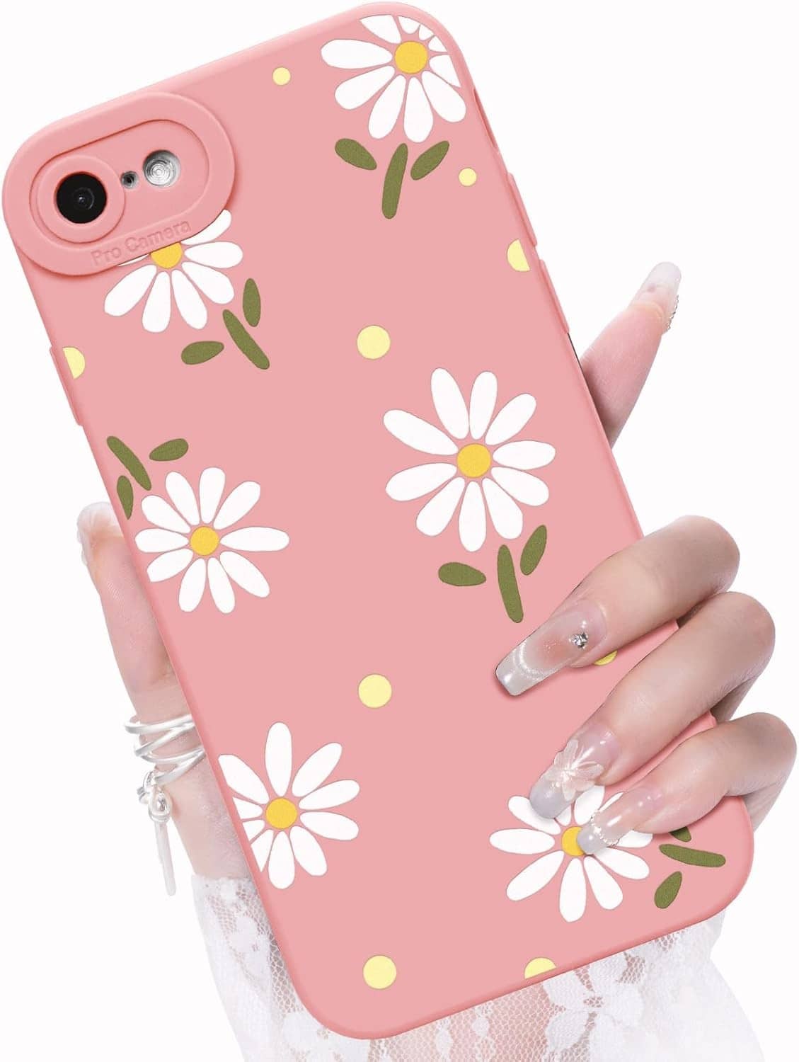 Pink flower-pattern phone case for iPhone SE/8/7 with daisy and leaf print