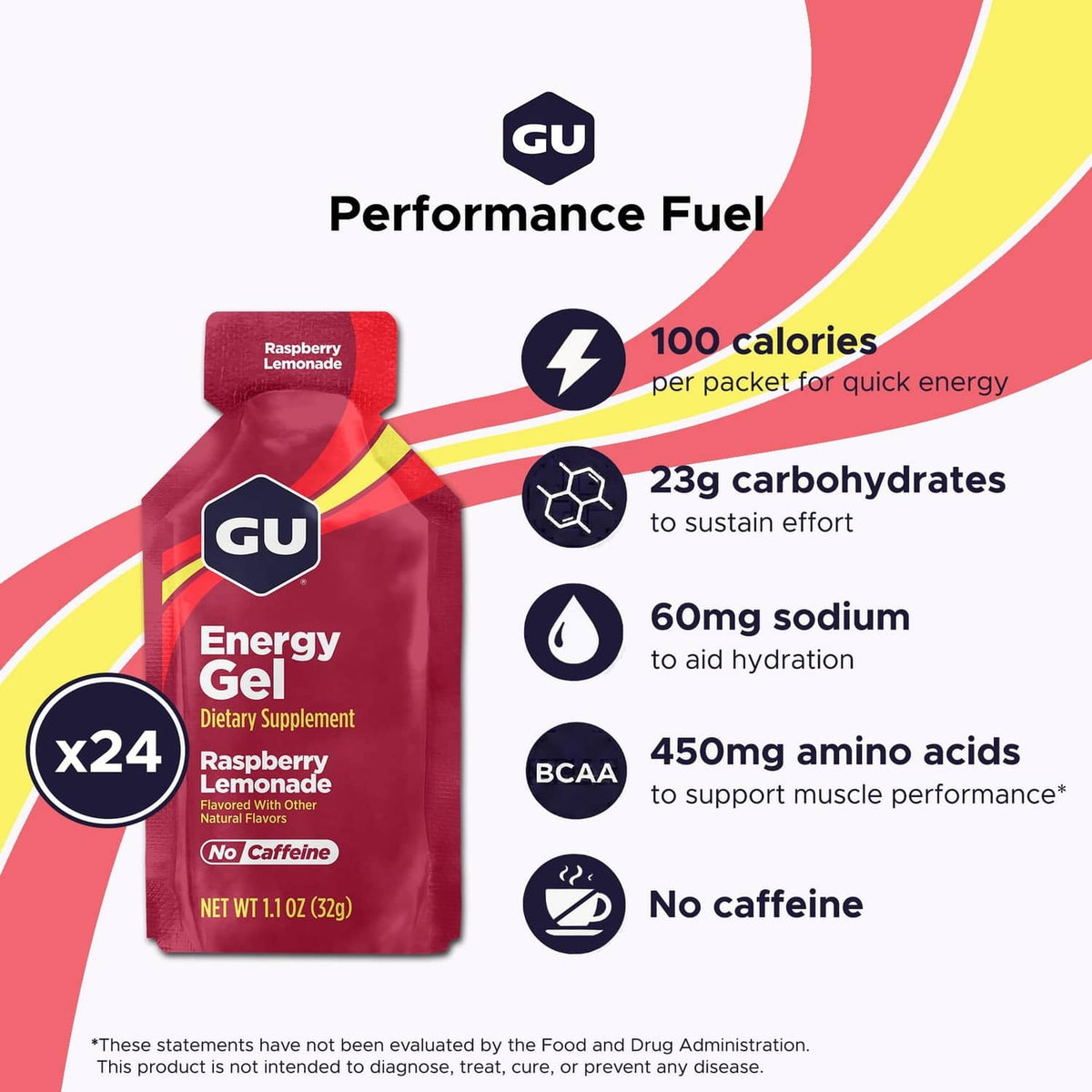 GU Energy Gel packet, Raspberry Lemonade flavor, x24 count, no caffeine