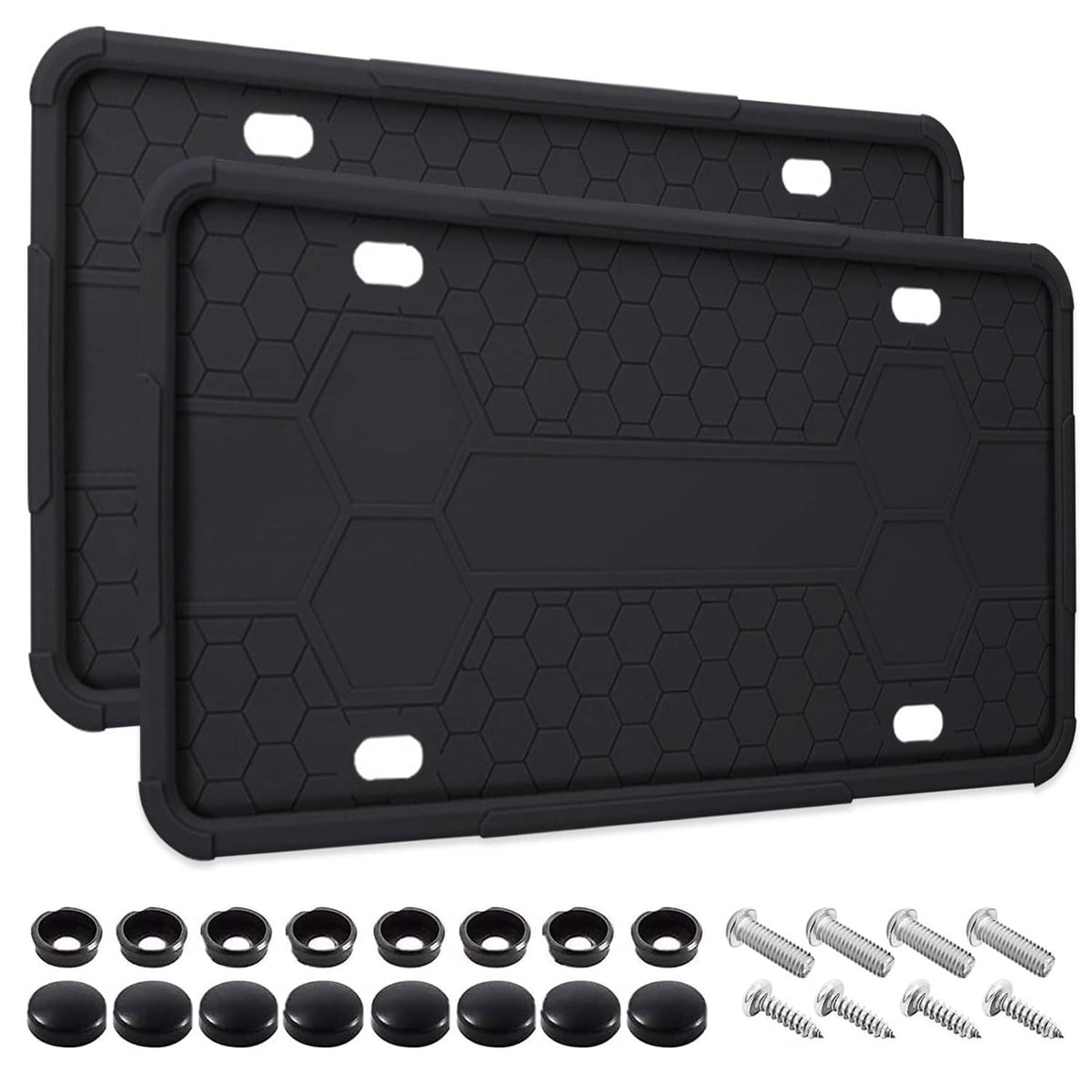 Black silicone license plate frames with hex pattern, includes mounting hardware