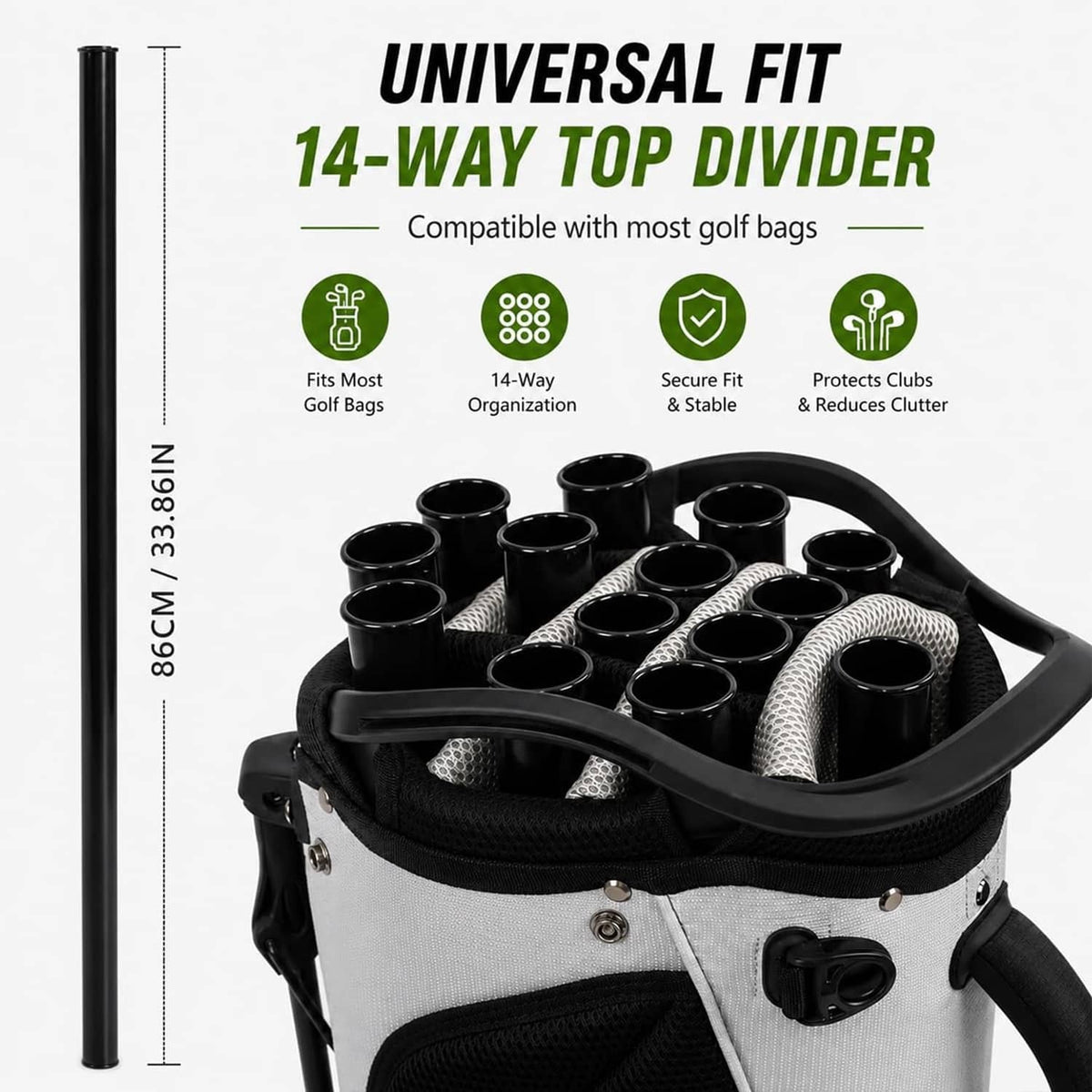 Black plastic golf club tube organizer insert with 14-way top divider