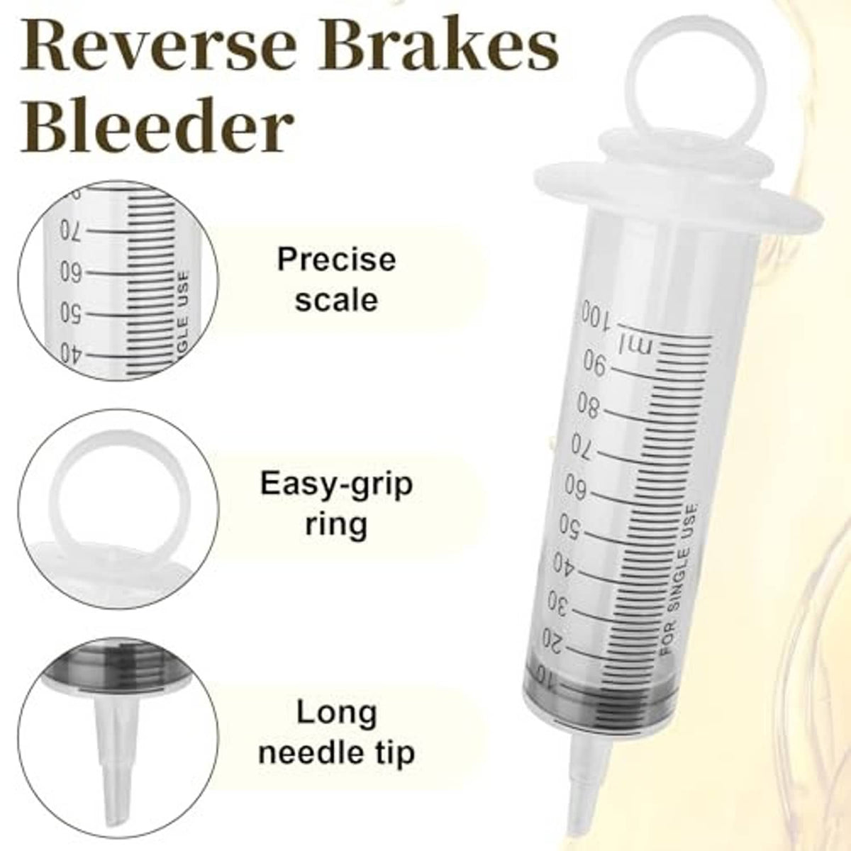 Motorcycle brake bleeder pump with long needle tip, measurement markings, and grip ring
