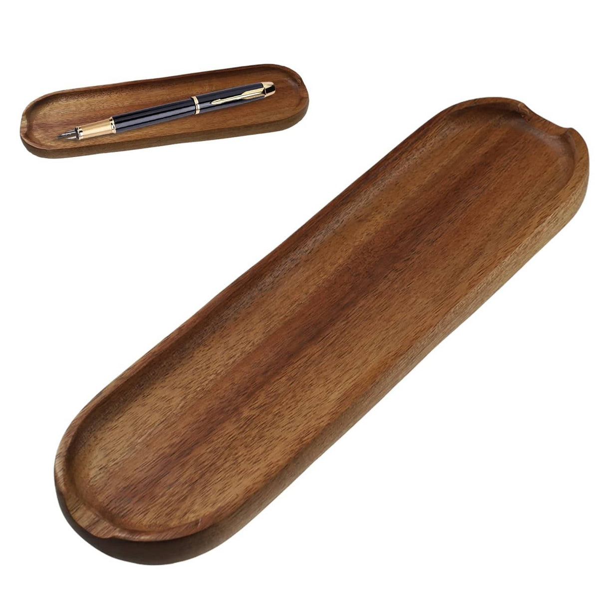Brown wooden oval pen tray with a blue pen inside