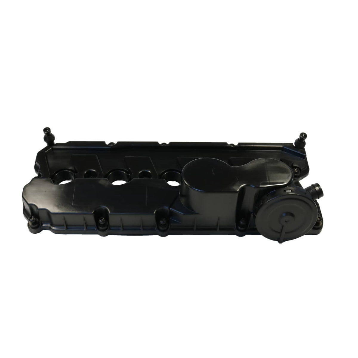 Engine valve cover top side with oil cap and bolt points, black plastic