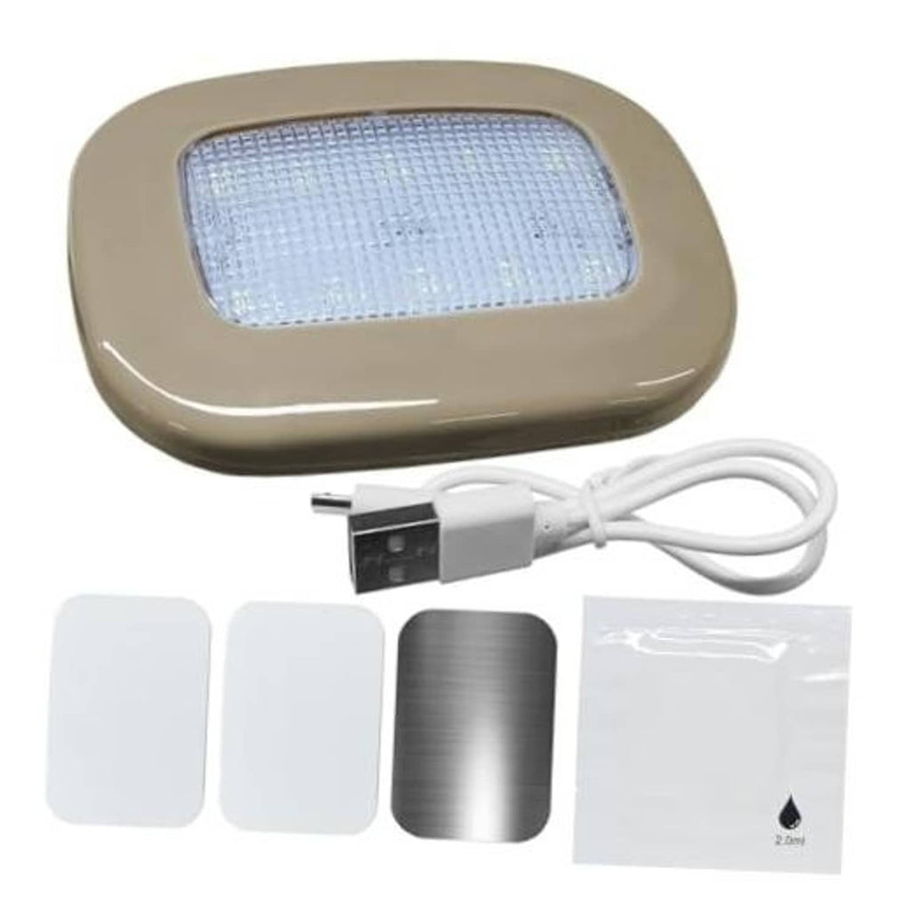 Beige dome car light with bright LED panel and white USB charging cable, plus included parts