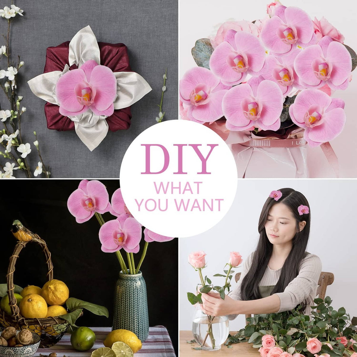 Pink artificial orchid flower heads with yellow centers for floral display