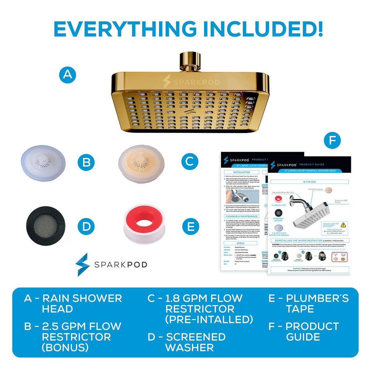 Egyptian gold square rain shower head with included washers, plumber's tape, guide