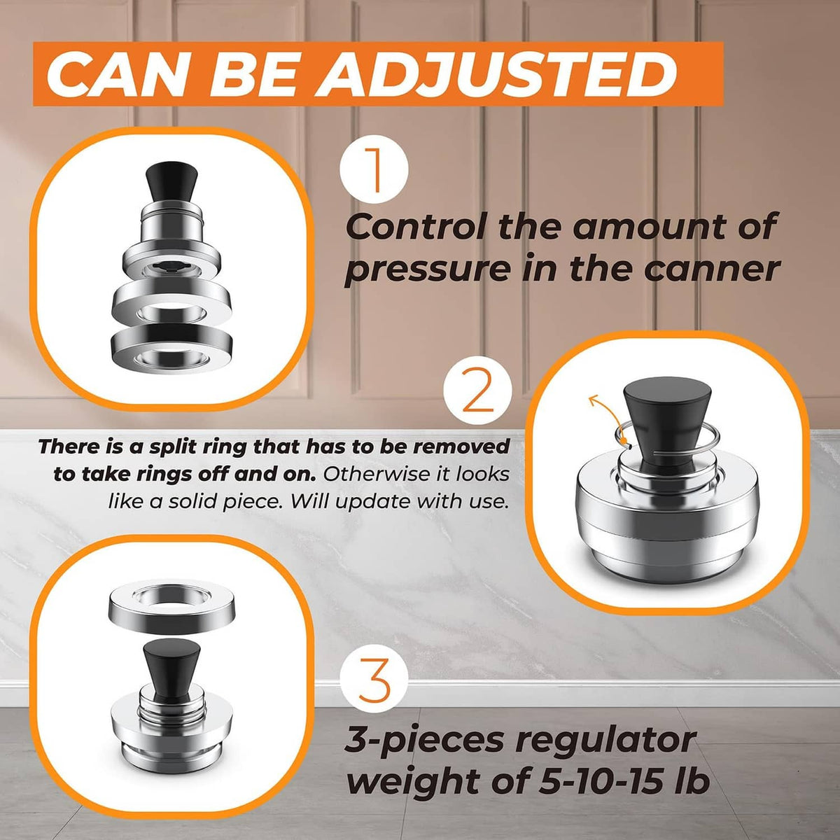 Adjustable canner pressure regulator weight, silver base with black knob.