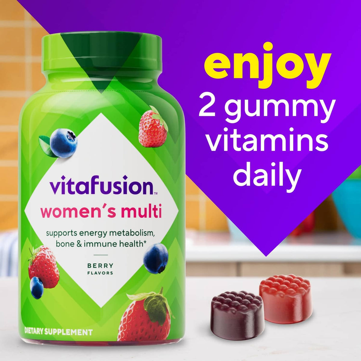 Vitafusion women's multivitamin gummy bottle with two berry gummy servings