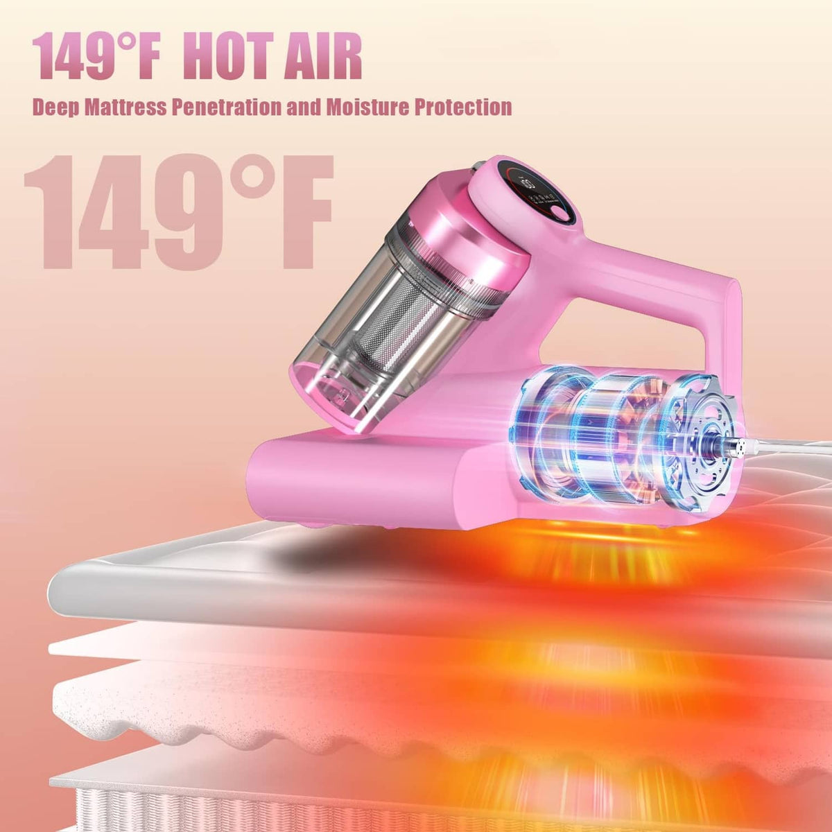 Pink mattress vacuum cleaner with hot air nozzle and transparent dust canister