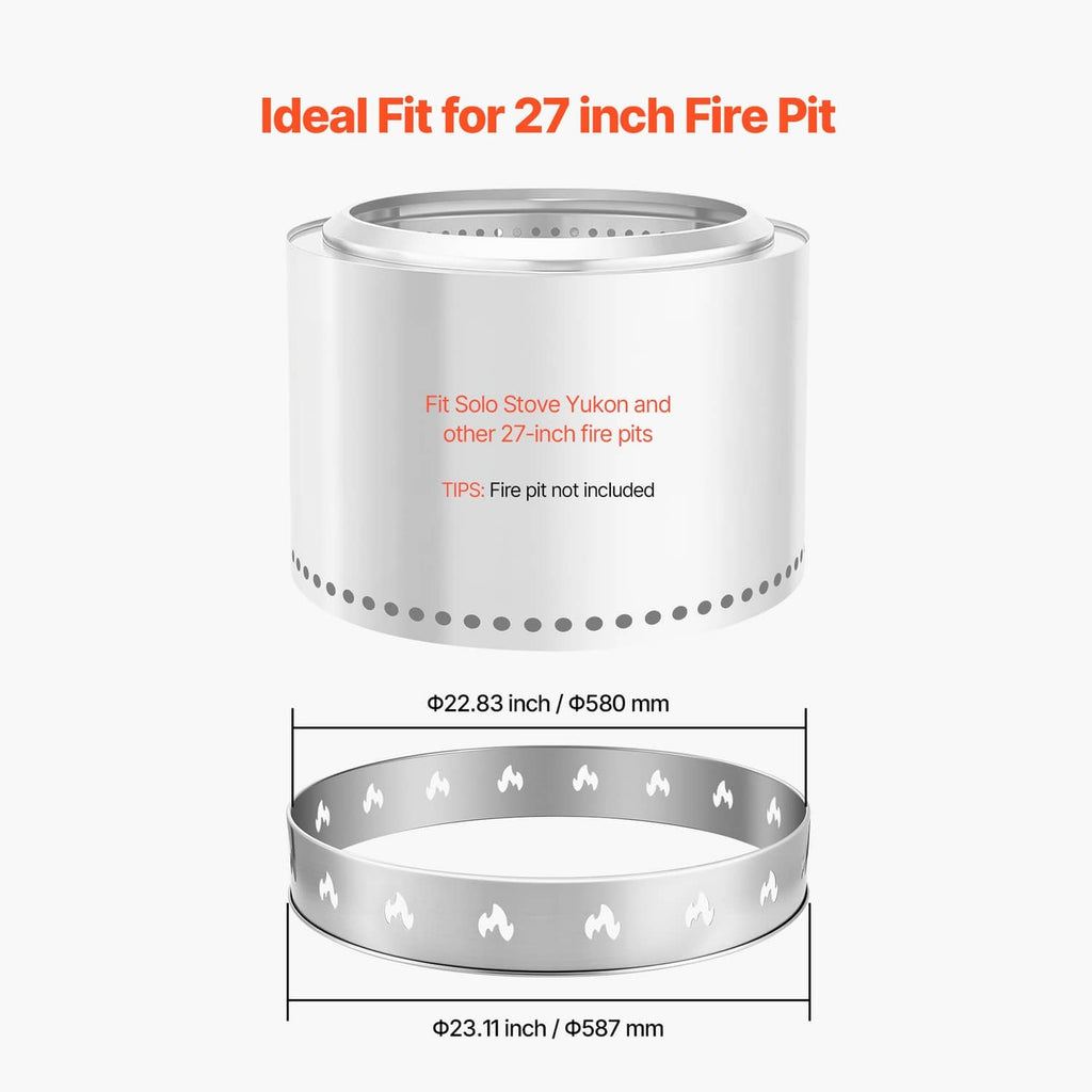 27-inch fire pit stand ring with flame cutouts and perforated base holes, stainless steel