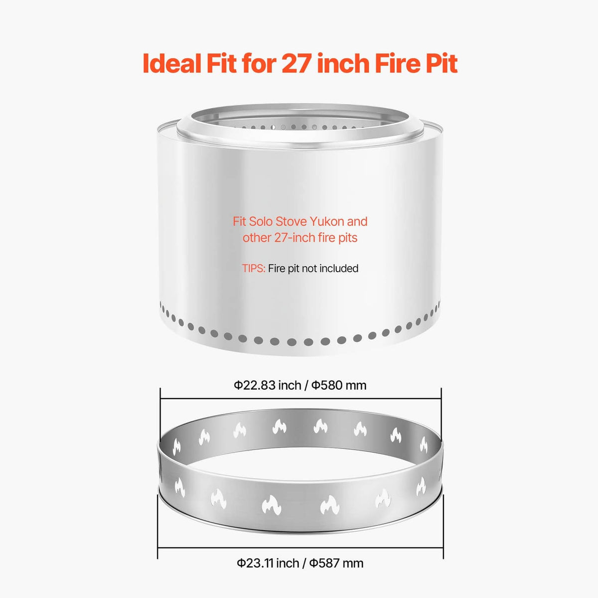 27-inch fire pit stand ring with flame cutouts and perforated base holes, stainless steel