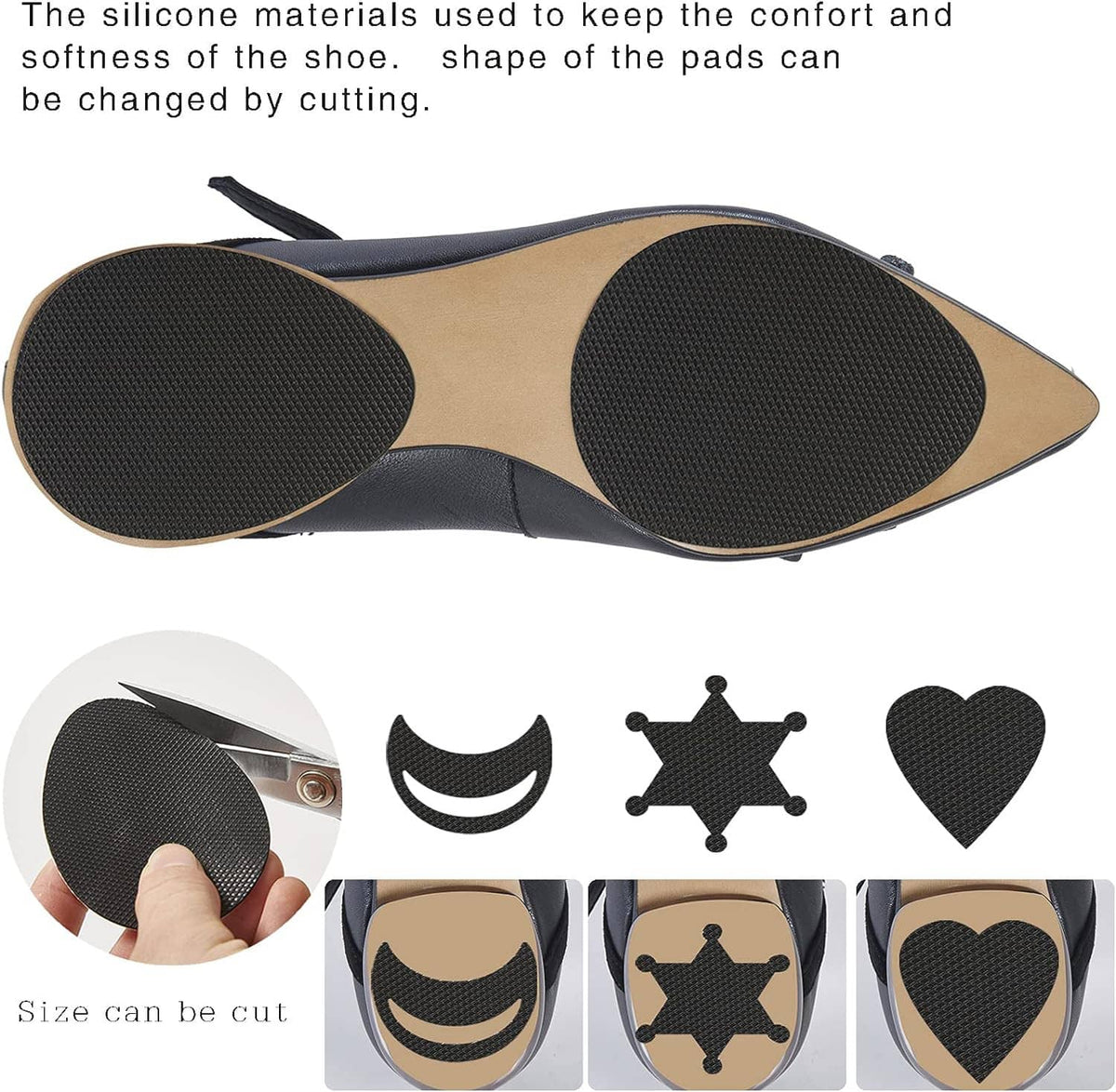 Shoe sole protector pads shown on a flat heel shoe bottom, textured anti-slip