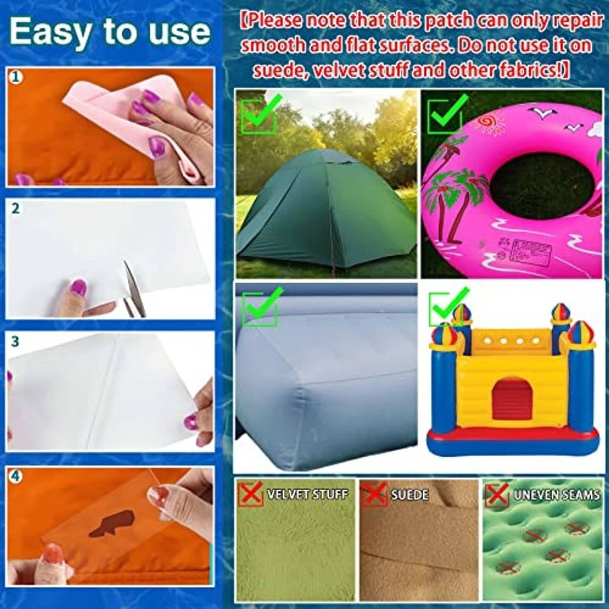 Inflatable repair tape instruction graphic with step panels and success checkmarks