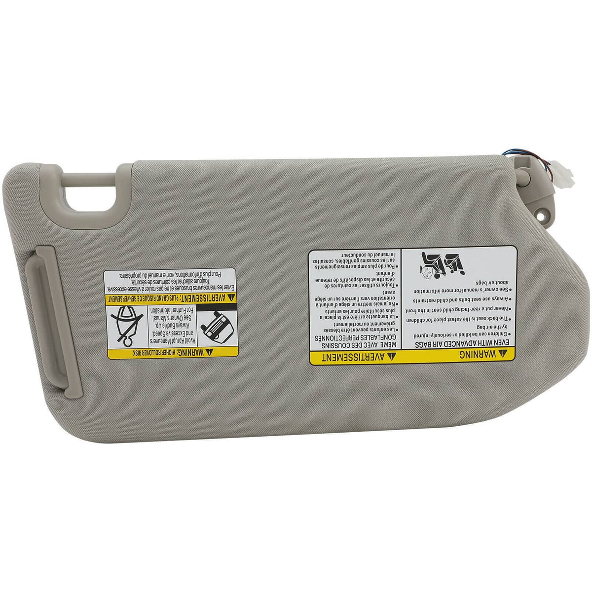 Gray left driver sun visor underside with mounting clips and label area