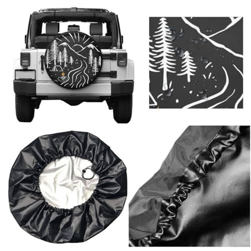Spare tire cover detail set: black cover with forest graphic and close-up fabric texture