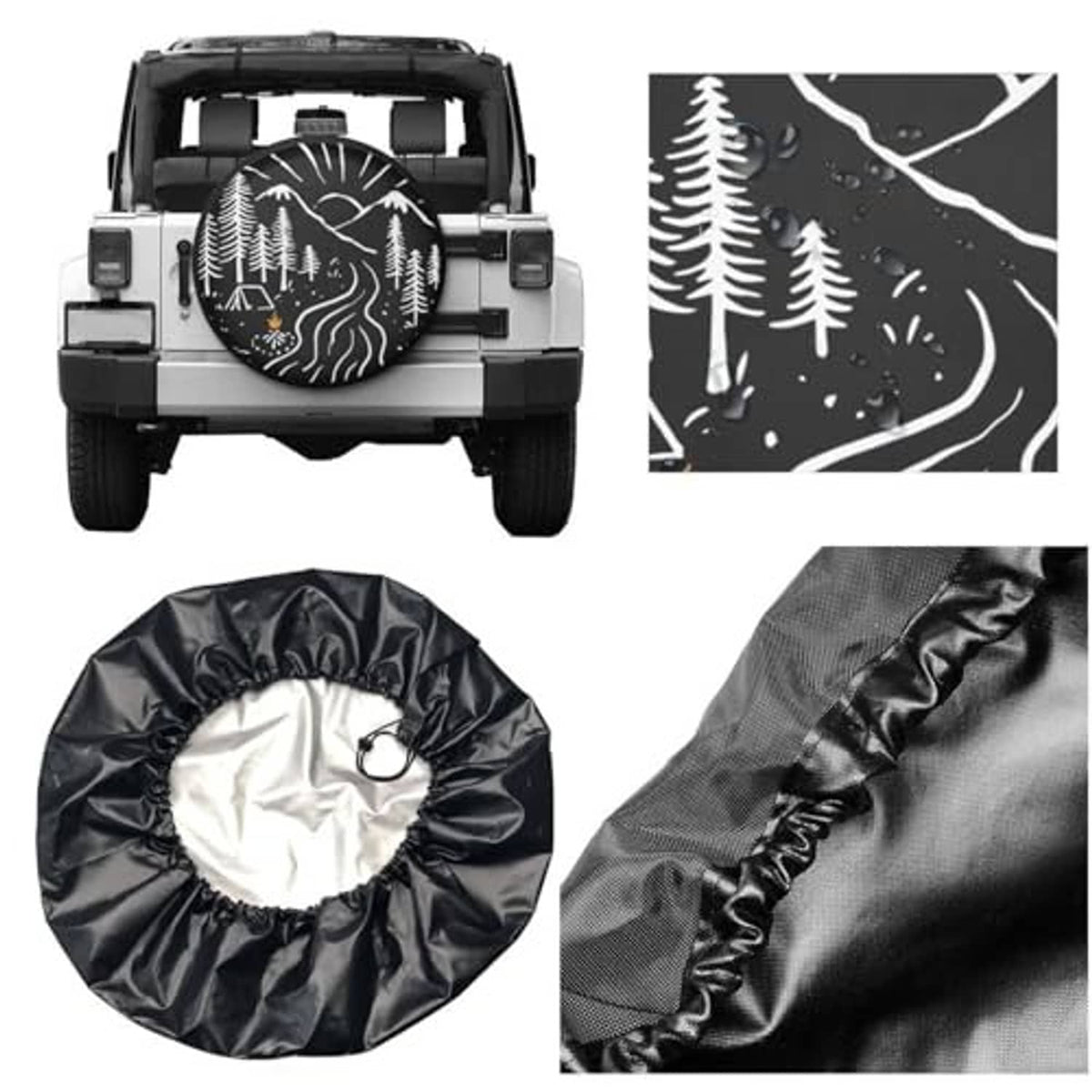 Spare tire cover detail set: black cover with forest graphic and close-up fabric texture
