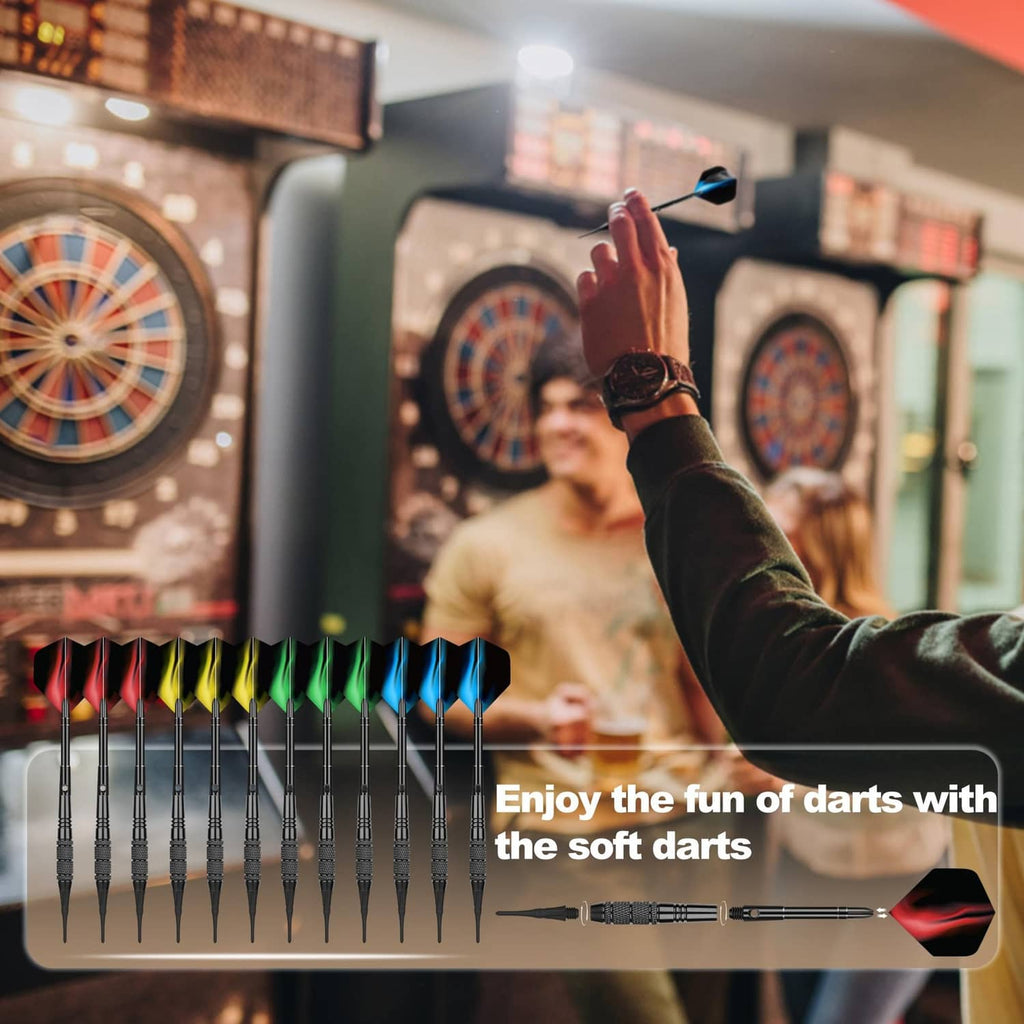 Soft tip darts with multicolor flights and black barrels, one dart held near a dartboard