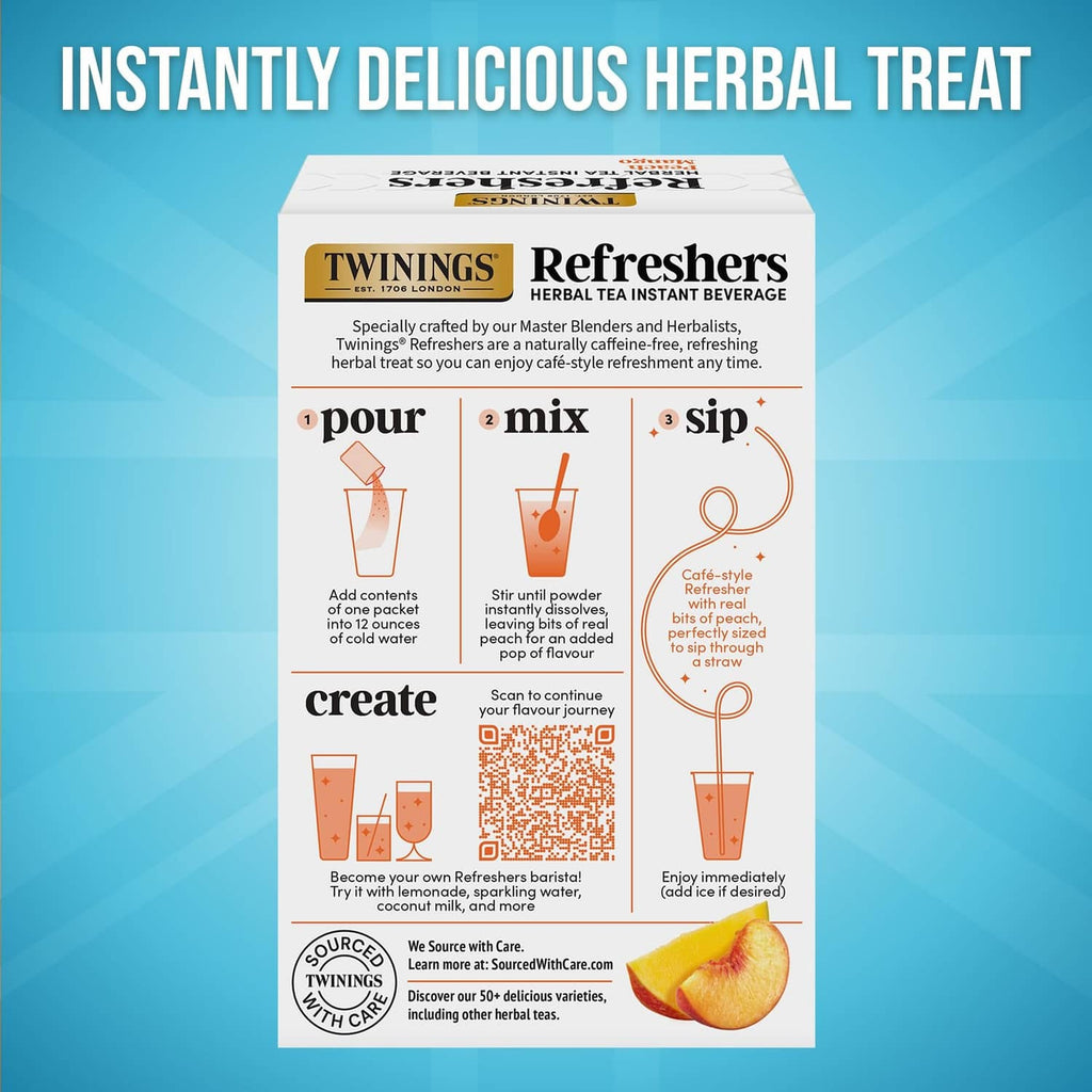 Peach Mango instant herbal tea mix box with how-to pour, mix, and sip steps