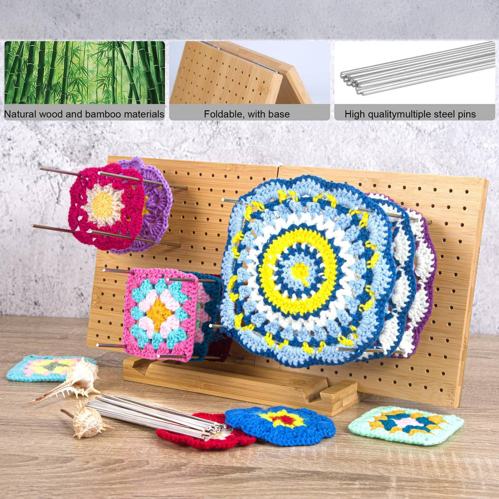 Crochet blocking board with base and steel pins, showing crocheted squares