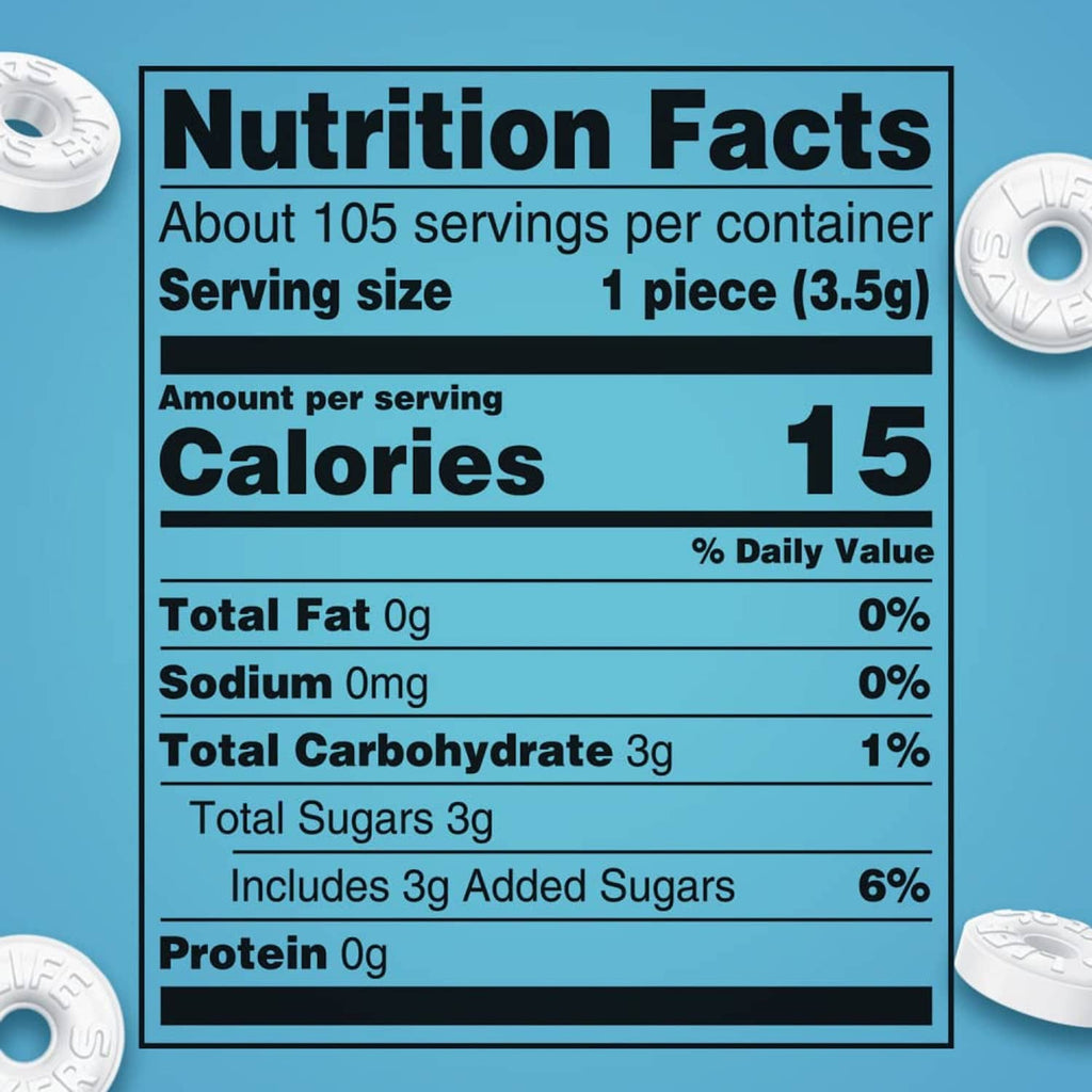 Nutrition Facts panel for Pep O Mint mints with serving size and calories info