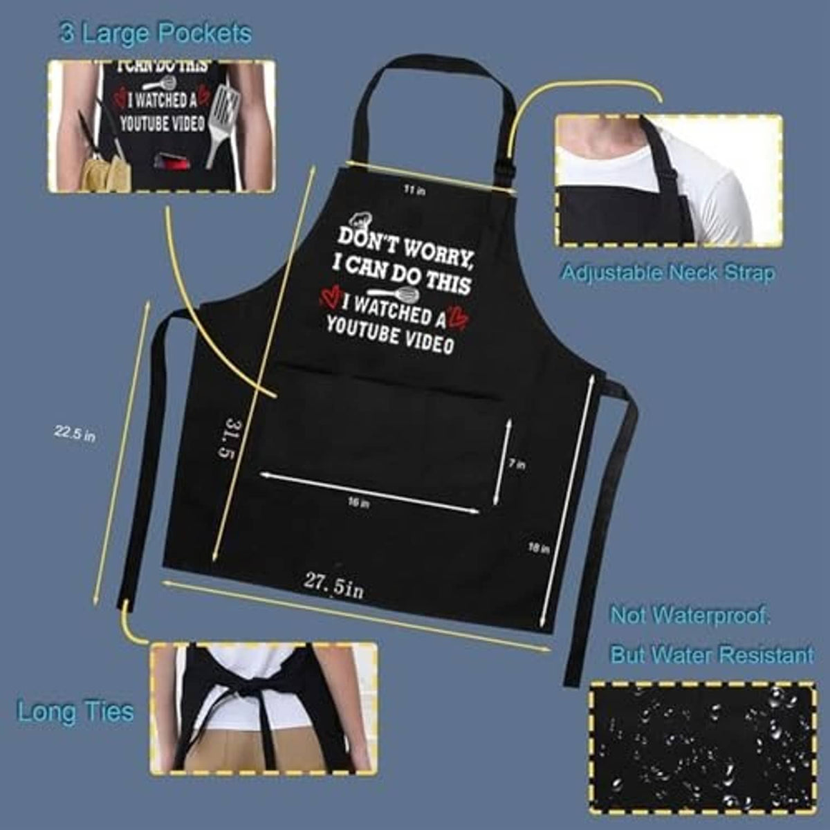 Black apron design with three large pockets, adjustable neck strap, and long ties.