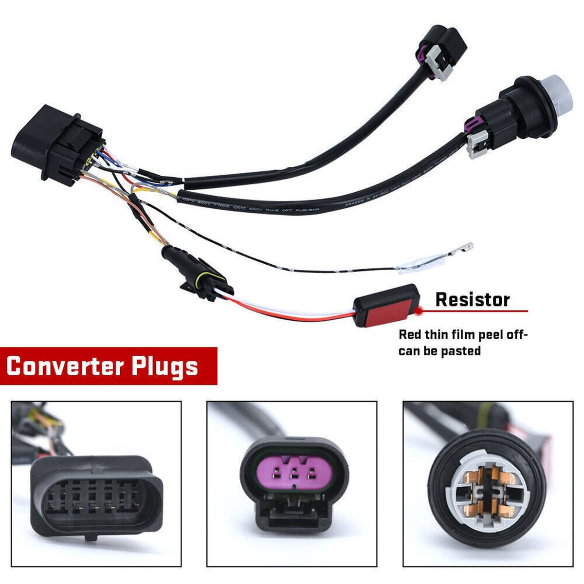 Projector headlight conversion harness with resistor component and purple connector plugs