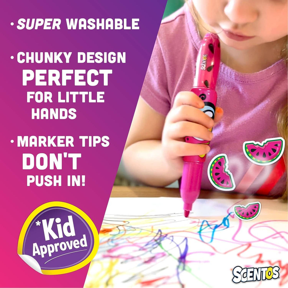 Pink scented jumbo marker in a child’s hand, thick tip writing on paper