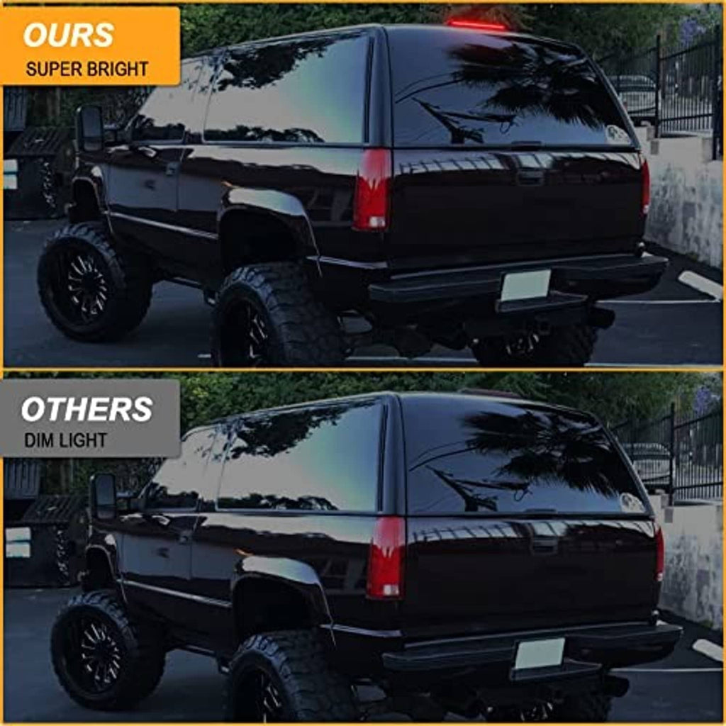 Vehicle rear with bright red LED third brake light bar illuminated