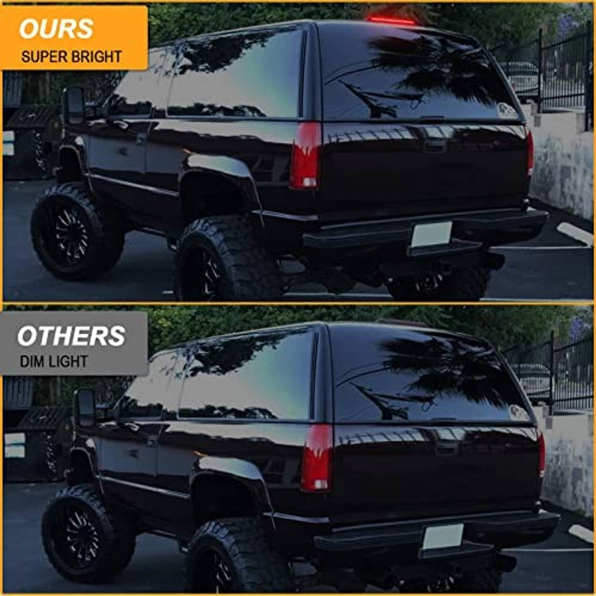 Vehicle rear with bright red LED third brake light bar illuminated