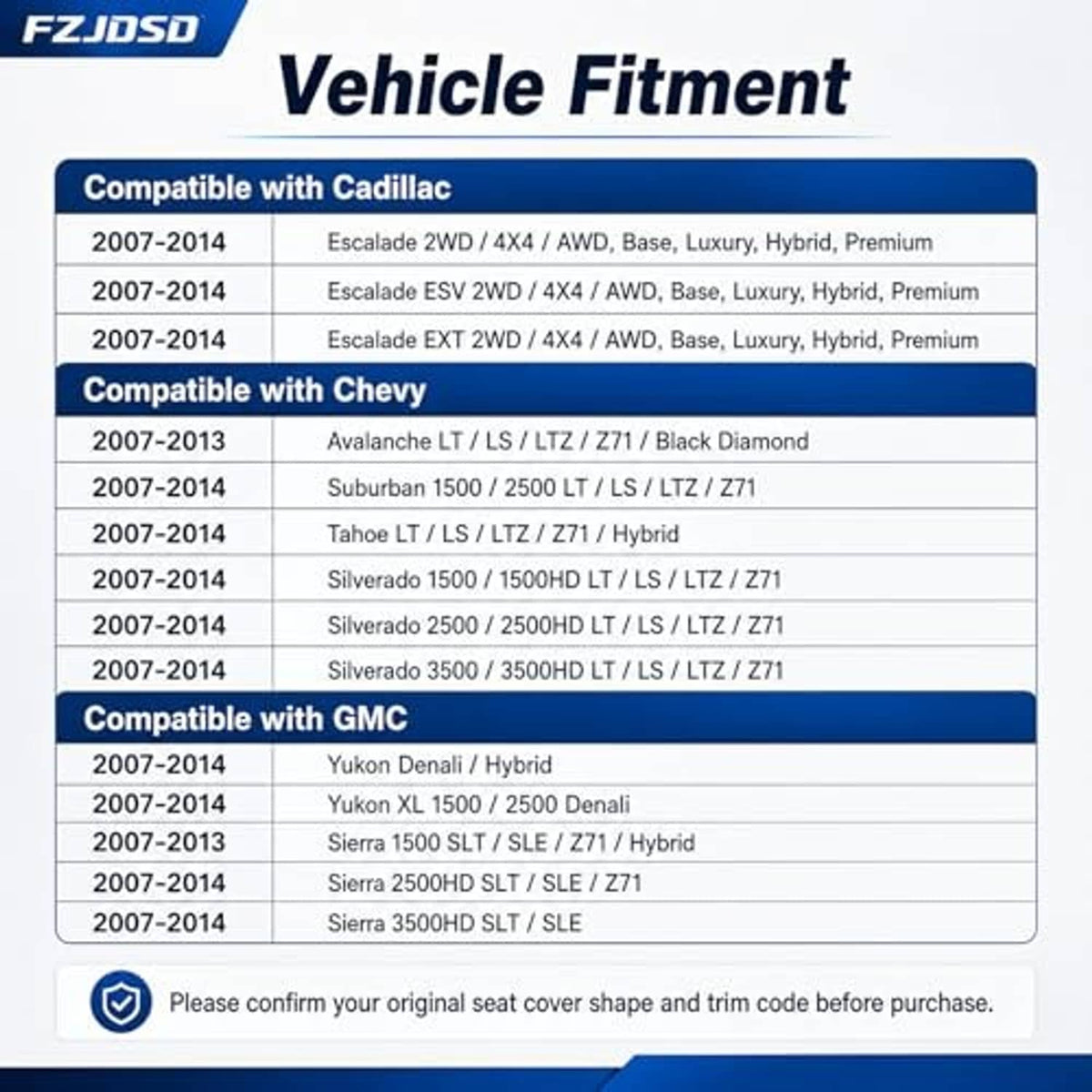Seat cover fitment chart listing compatible vehicle models and years