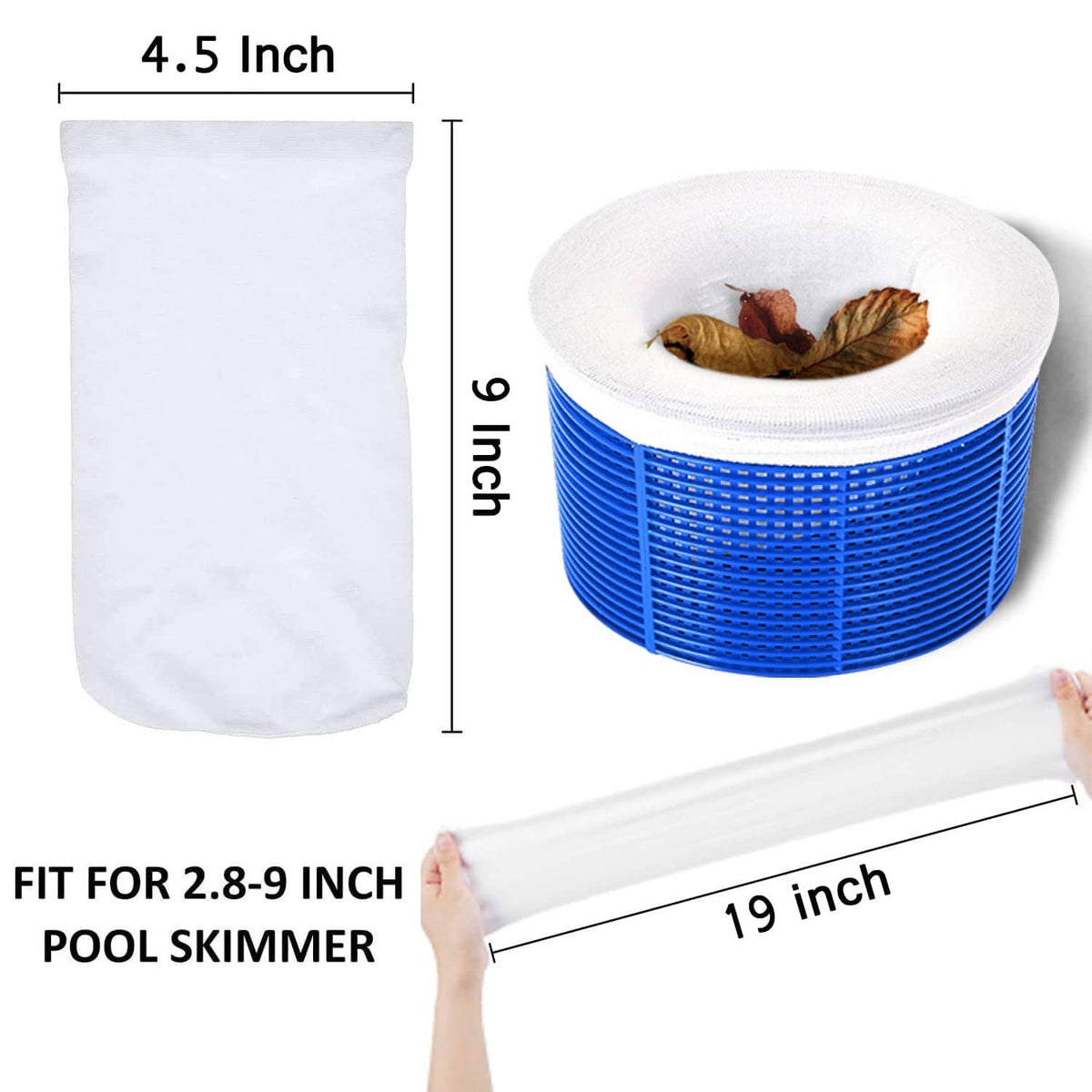 Blue pool skimmer filter sock with white rim, holds leaves inside