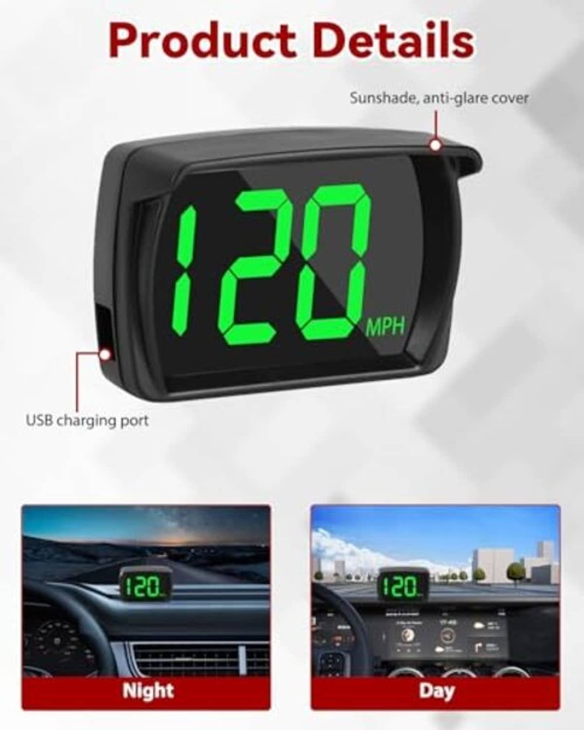 Black GPS HUD speedometer with green 120 MPH digits; anti-glare cover and USB port.