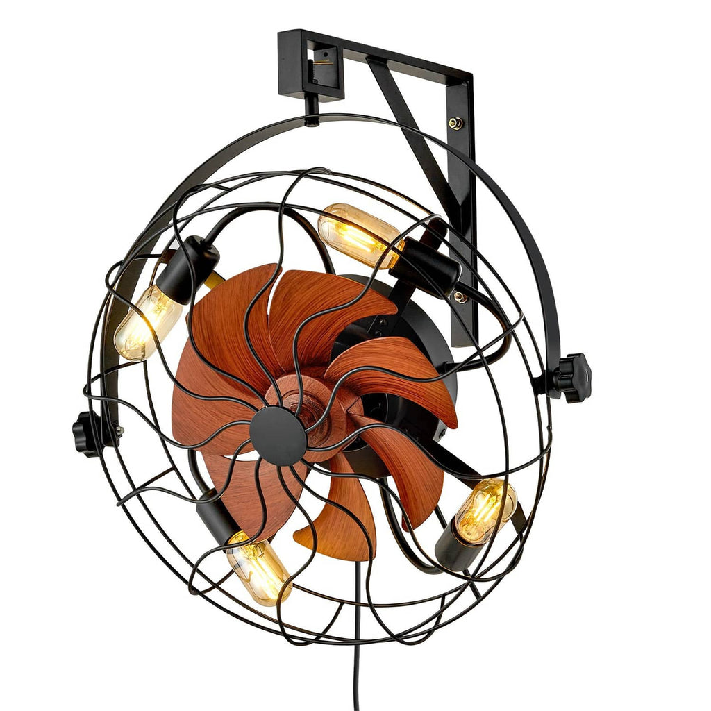Wall-mounted fan with orange wood-look blades, black cage, and 4 glowing bulbs