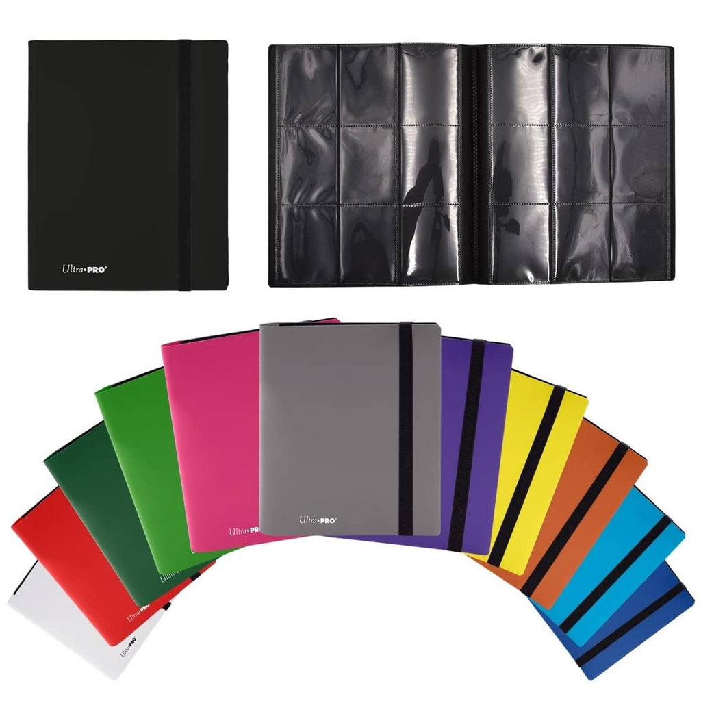 Ultra PRO 9-pocket binders in assorted colors, shown open with card pockets