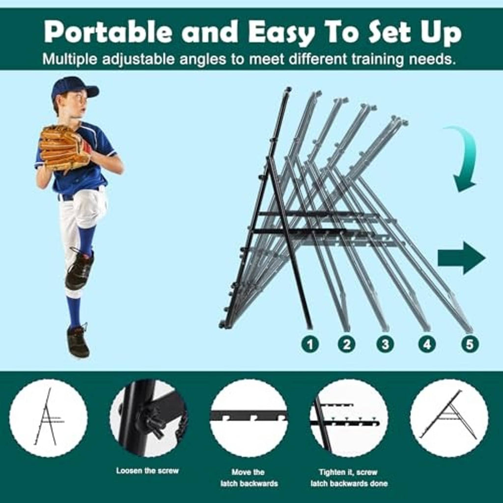 Portable rebounder net with foldable black support legs for easy setup