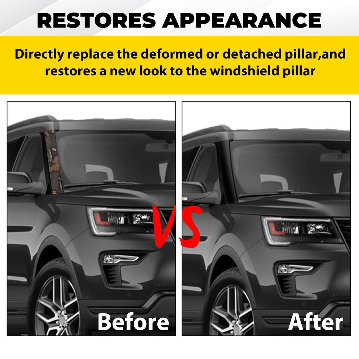 Windshield pillar trim replacement piece, black for restoring windshield pillar appearance