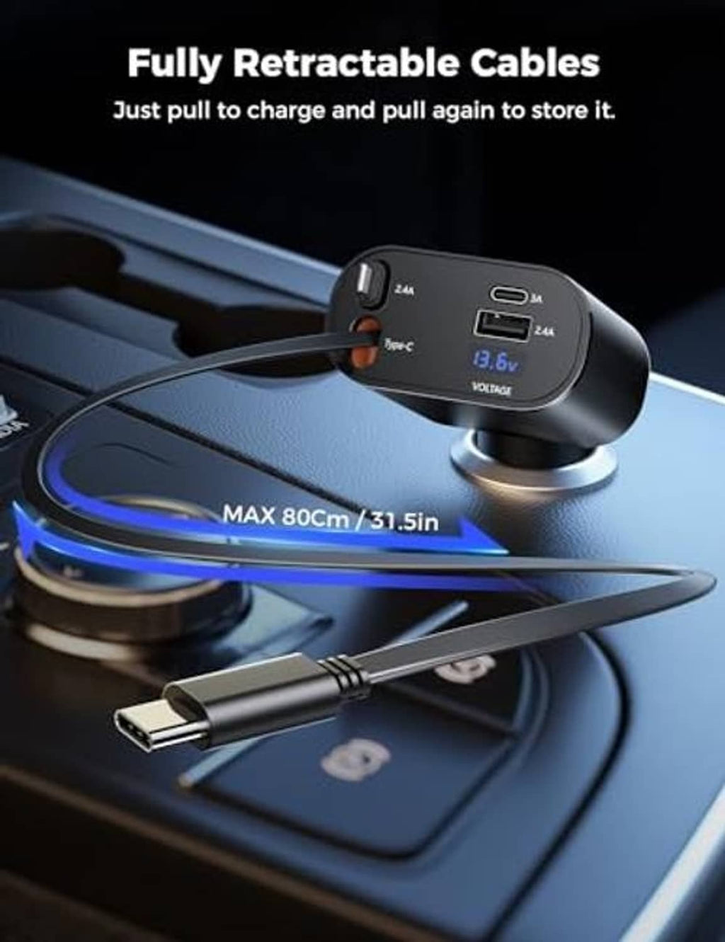 Retractable black car charger with dual Type-C cables extended, voltage display