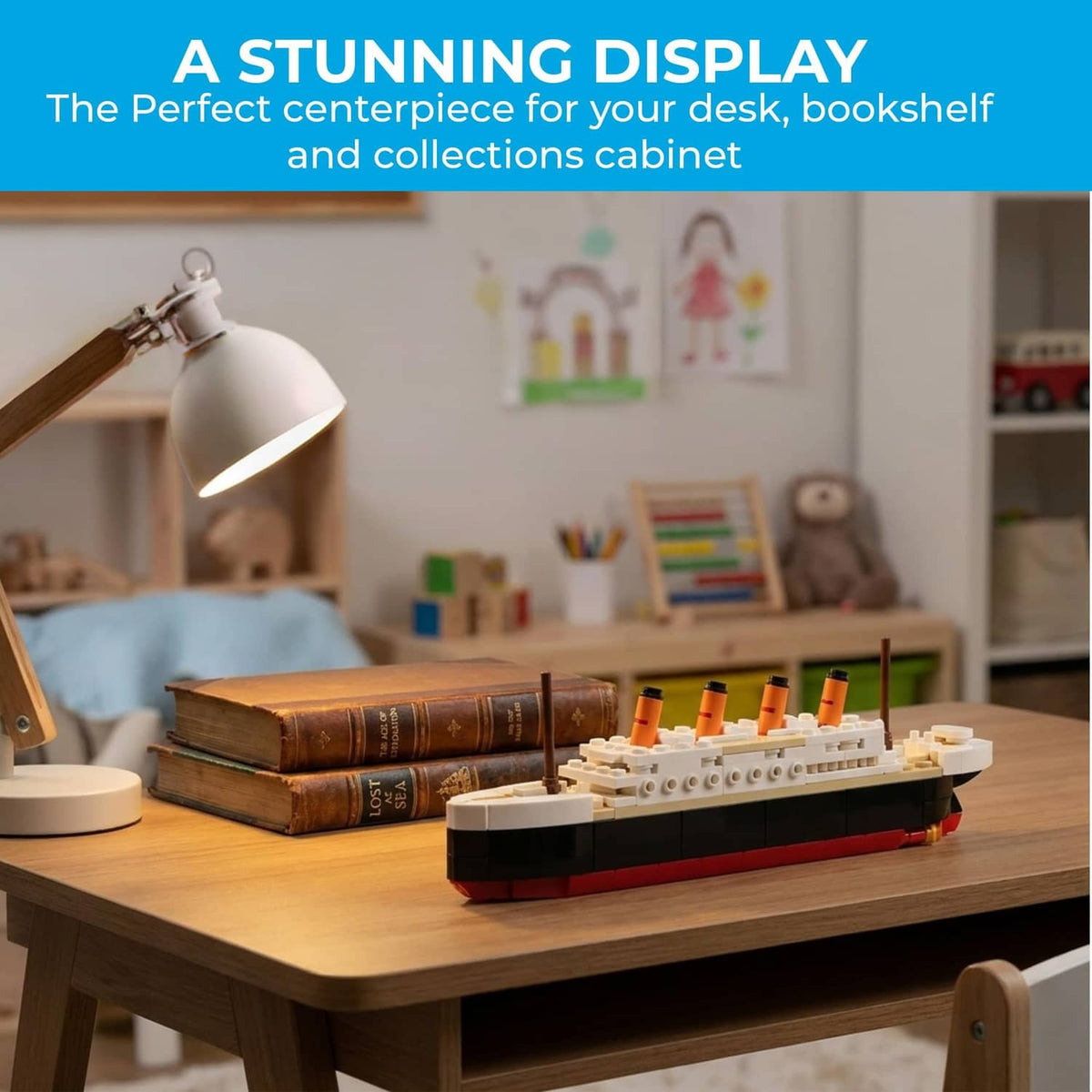 White-and-red brick Titanic ship model on a wooden shelf