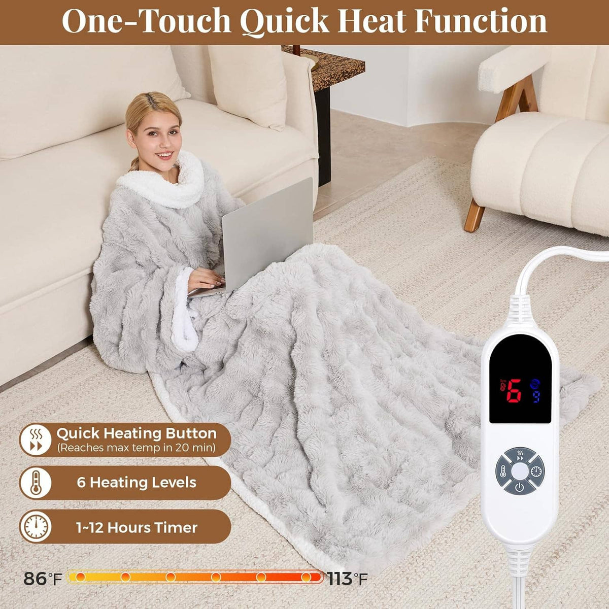 Light gray sherpa-lined heated throw blanket with sleeves, hood, and hanging controller