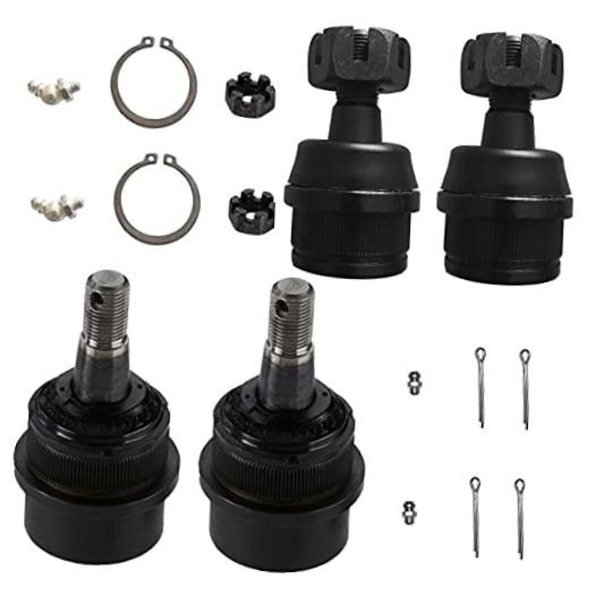 4-pack front ball joint kit with black joints, clips, bolts, and retaining pins