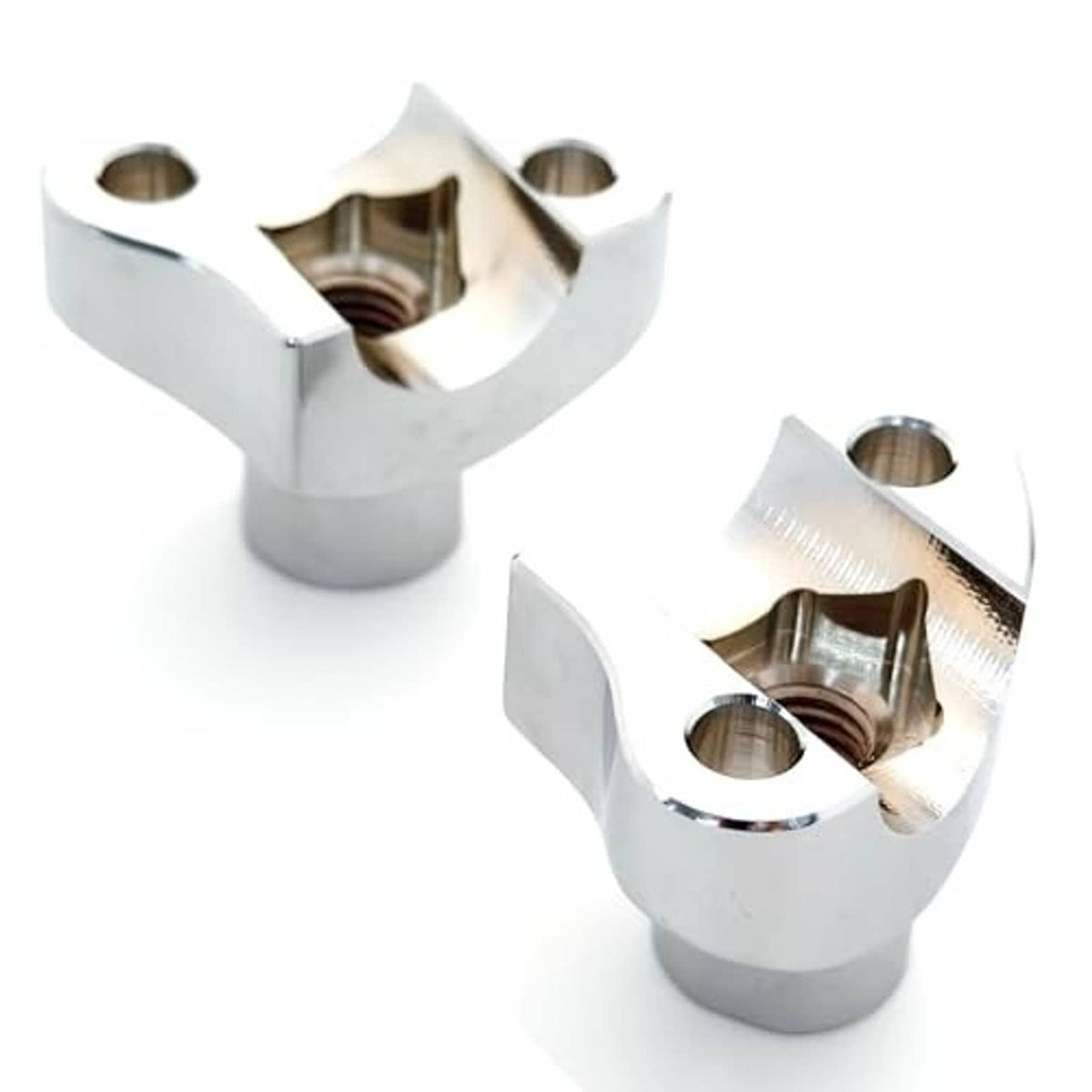 Chrome motorcycle handlebar riser brackets with cutouts and threaded insert area