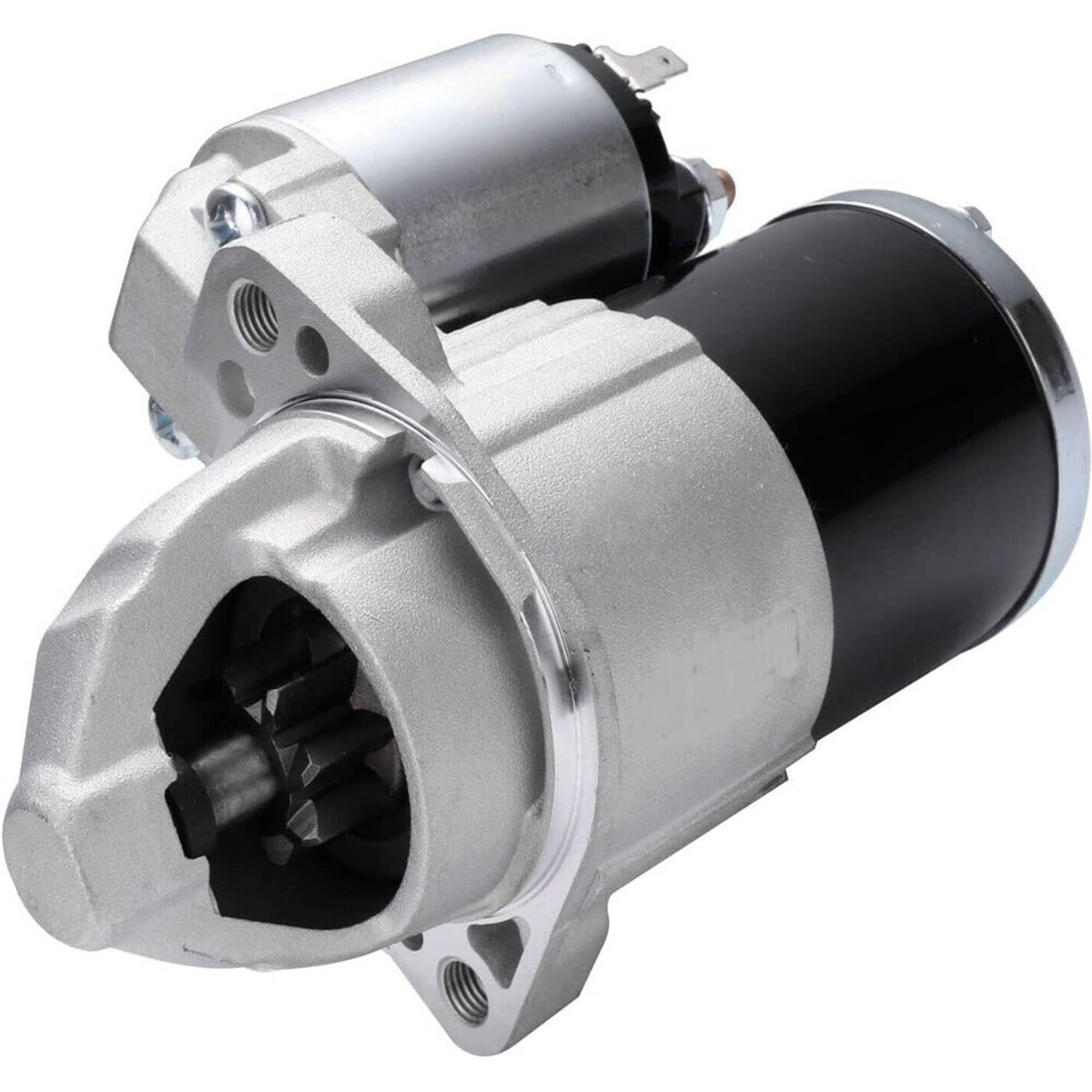 Silver and black starter motor with mounting flange and front power terminals